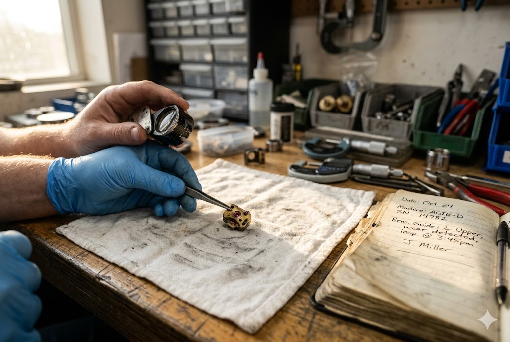 Precision Parts Inspection Close-Up Gloved technician inspecting tiny custom mechanical component with loupe magnifier (ID#5)