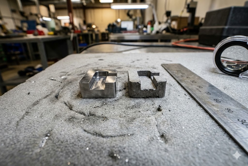 Custom Metal Parts Comparison Two custom machined metal parts compared side-by-side with steel ruler in workshop (ID#5)