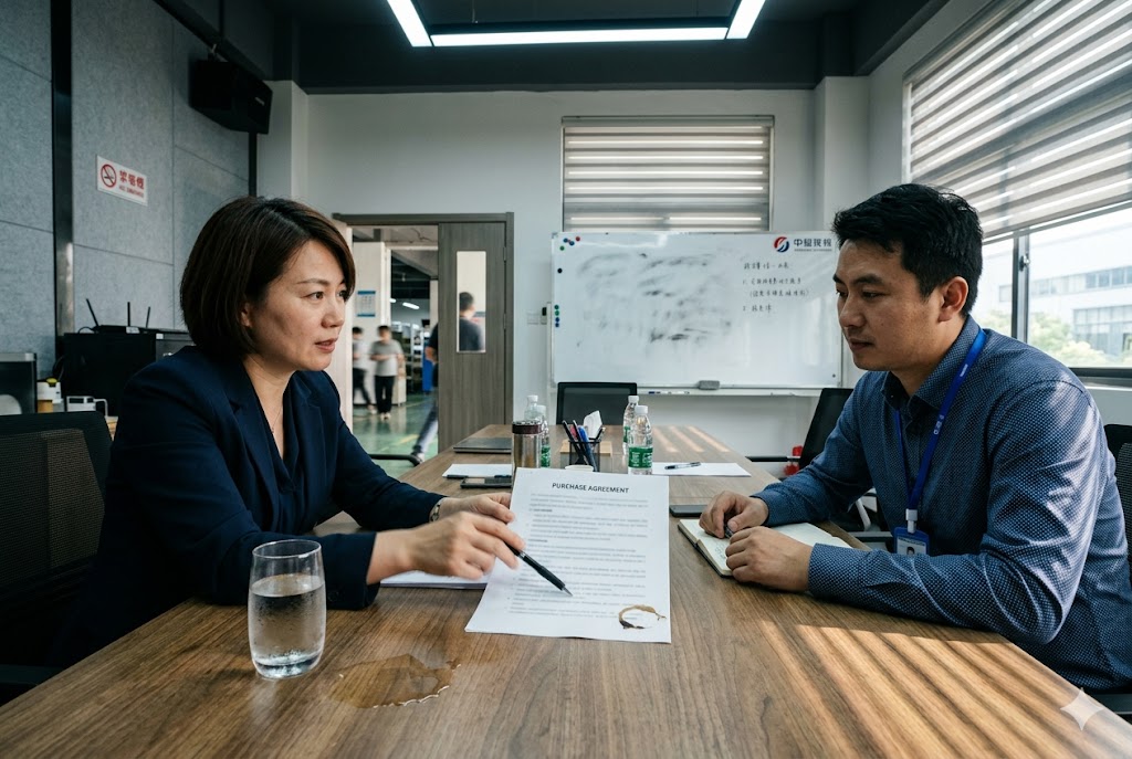 B2B Supplier Contract Meeting Luckym sourcing manager negotiating purchase agreement with Chinese parts manufacturer (ID#5)