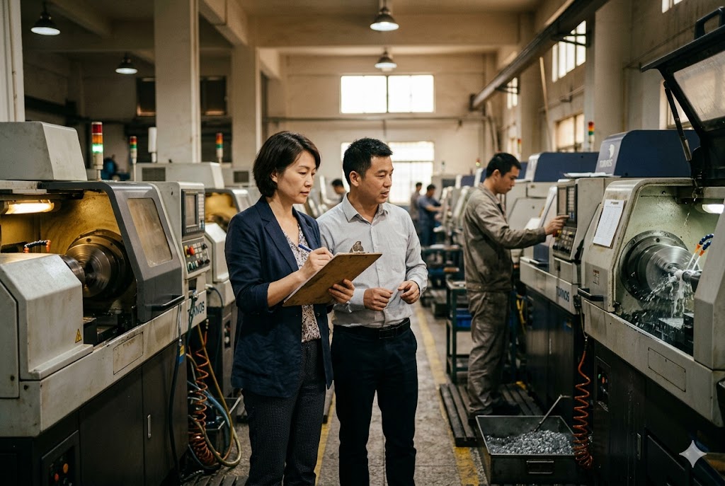 Factory Audit Supply Chain Luckym supply chain manager conducting supplier factory audit at CNC machining facility (ID#5)