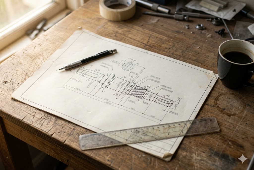 Custom Parts Engineering Drawing Custom mechanical part engineering drawing with precision tools on workbench (ID#5)