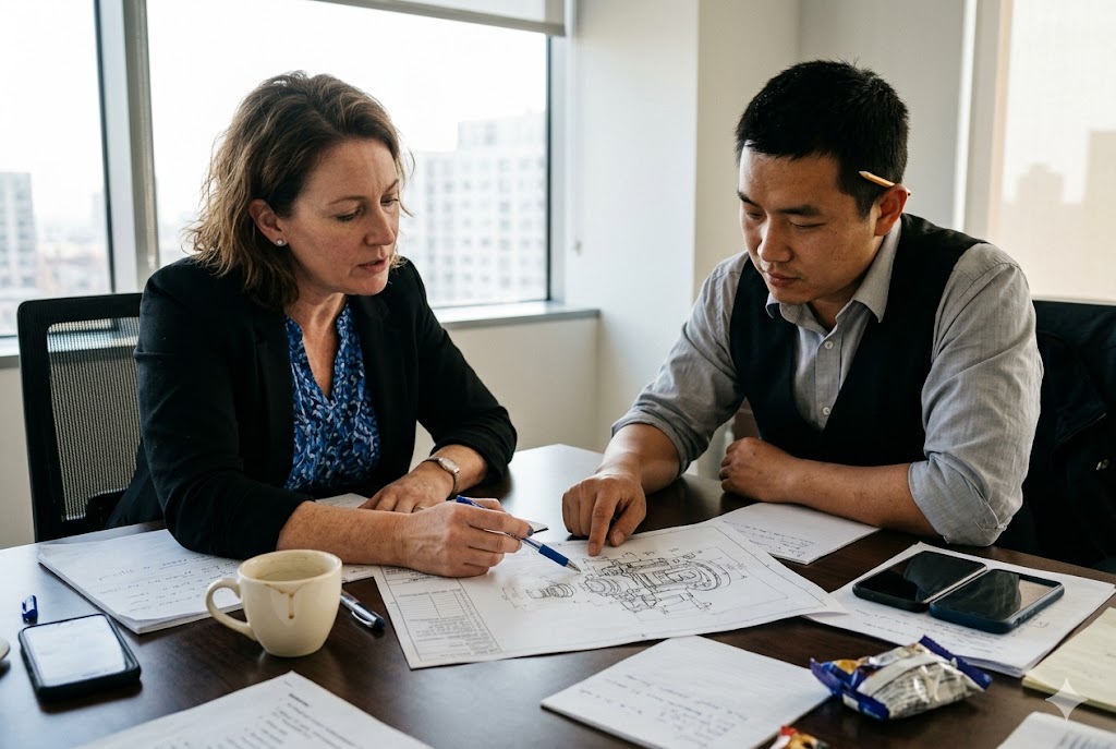 Custom Parts Sourcing Consultation Purchasing manager and engineer discussing custom mechanical parts technical drawings (ID#5)