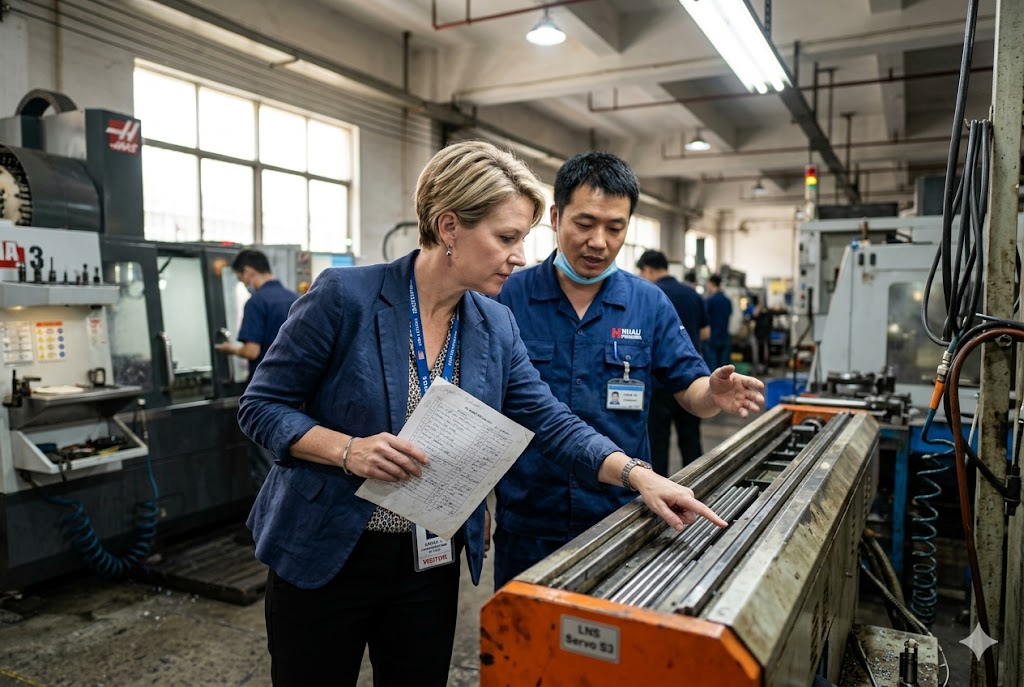 Buyer Supplier Factory Visit Western buyer and Chinese engineer reviewing metal bar stock together (ID#5)