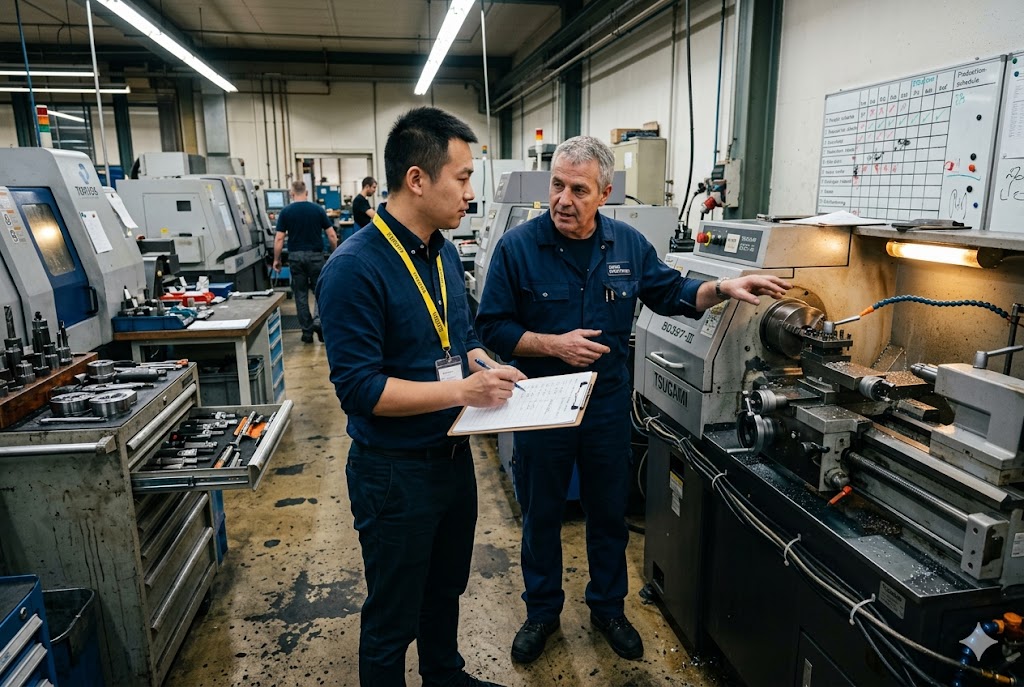 Factory Audit Inspection Quality control inspector auditing CNC machining factory production line (ID#5)