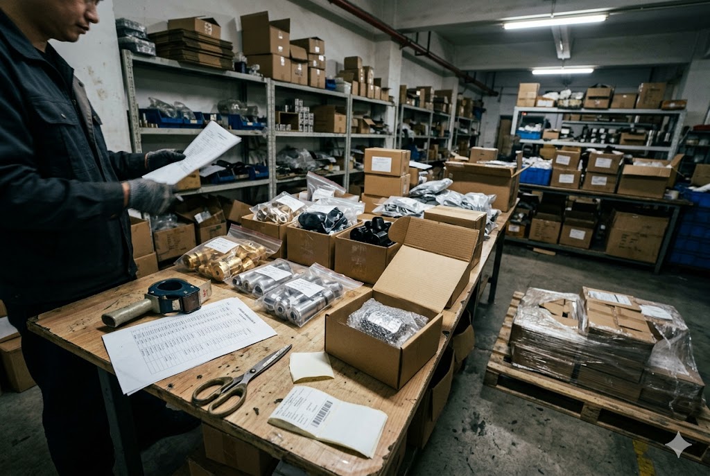 Pre-Shipment Parts Inspection Warehouse worker verifying custom mechanical parts shipment packing list (ID#5)