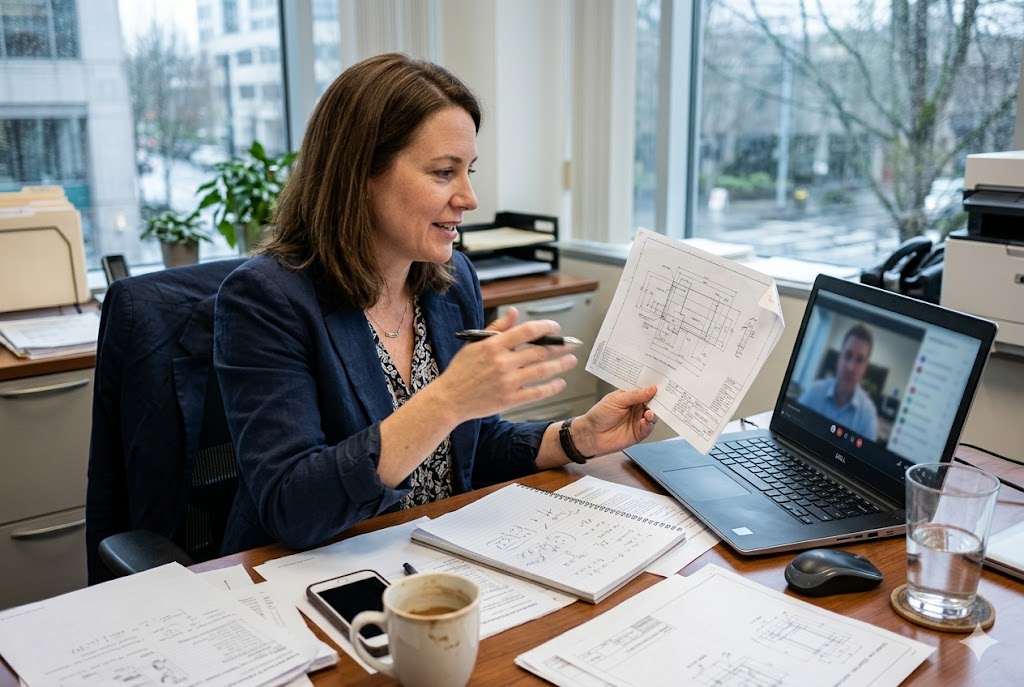 B2B Supplier Video Consultation Purchasing manager discussing mechanical part drawings with supplier via video call (ID#5)