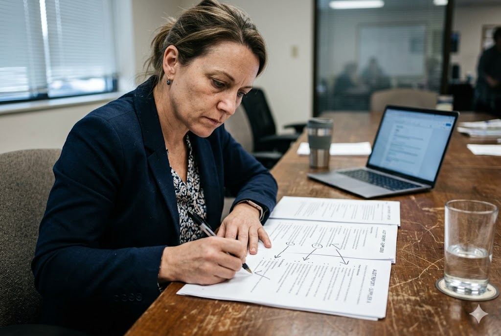 Purchasing Manager Reviews Contract US purchasing manager reviewing mechanical parts sourcing contract documents (ID#5)
