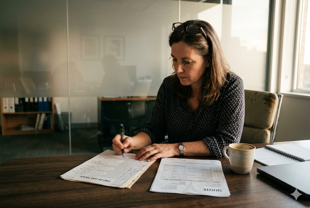 Reviewing Custom Parts Quote Female purchasing manager reviewing supplier quote documents for custom mechanical parts (ID#5)