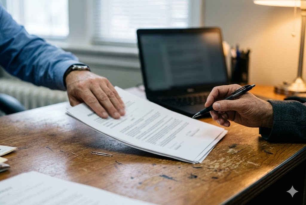 B2B Contract Signing Two professionals reviewing and signing custom parts manufacturing contract (ID#5)