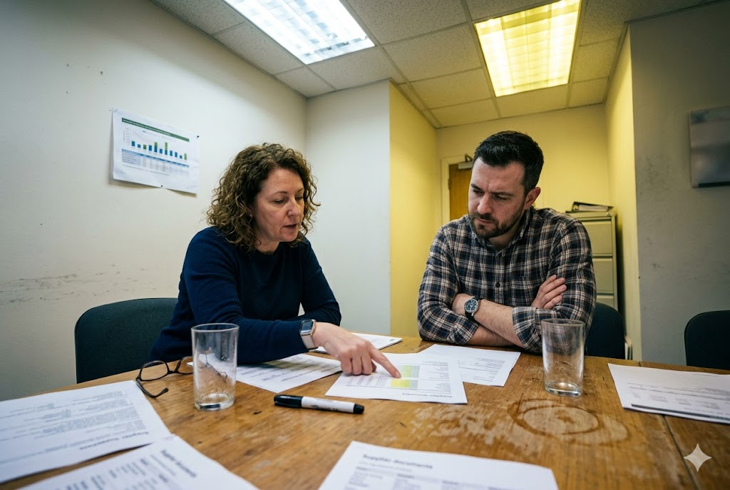 B2B Procurement Meeting Purchasing manager and supplier discussing custom mechanical parts procurement documents (ID#5)
