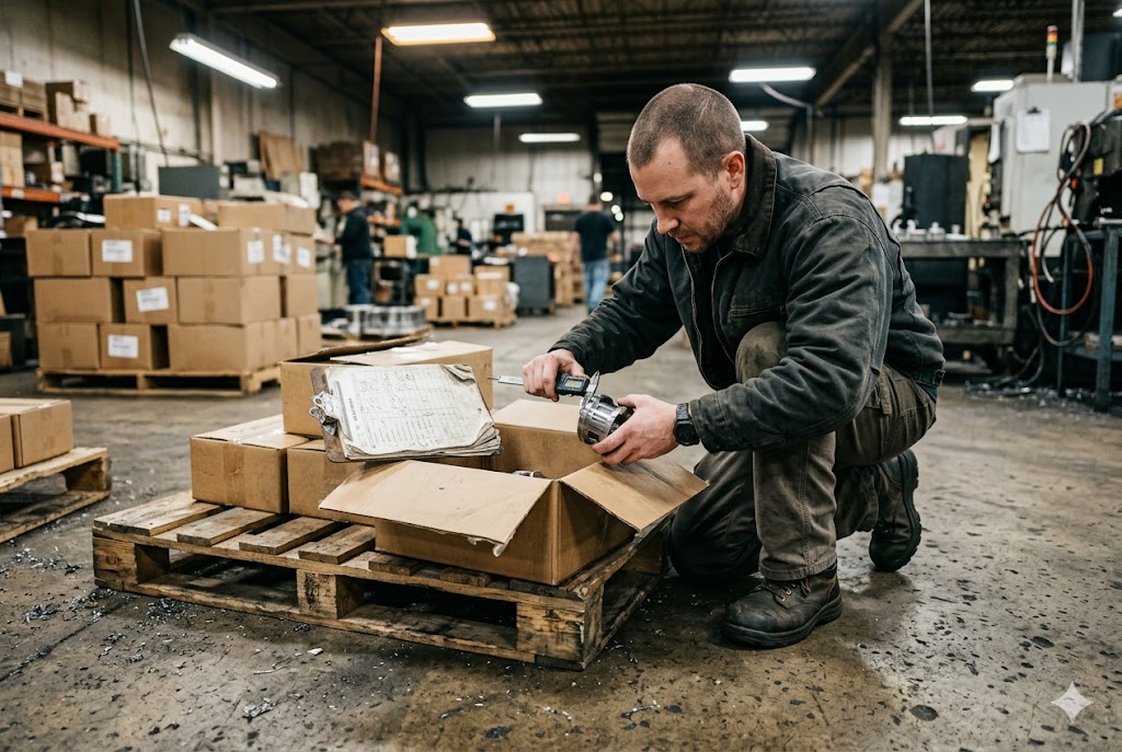 Pre-Shipment Quality Check Inspector measuring custom mechanical part with digital caliper pre-shipment inspection (ID#5)