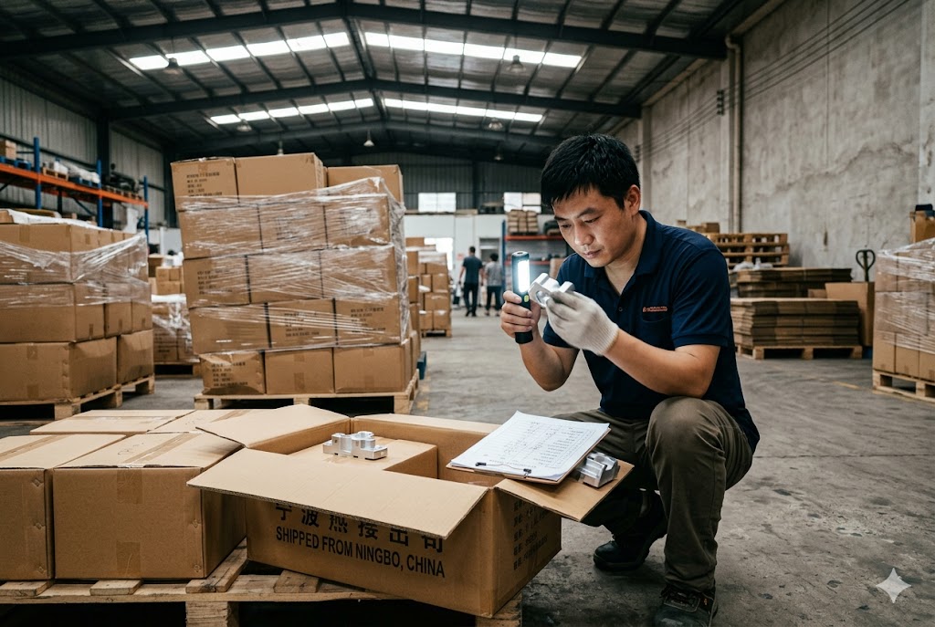 Pre-Shipment Quality Inspection Pre-shipment inspector examines custom mechanical parts in Ningbo China warehouse (ID#5)