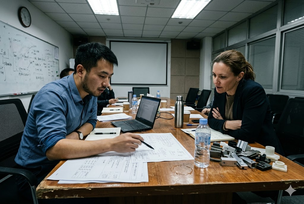 B2B Supplier Sourcing Meeting Chinese supplier and US buyer reviewing mechanical parts sourcing contract together (ID#5)