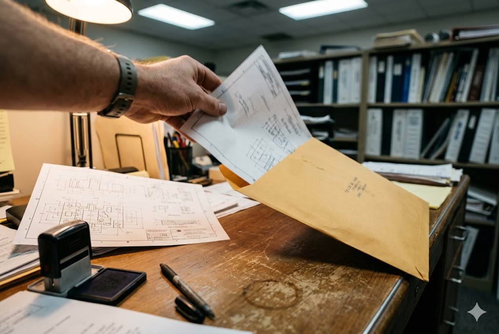 Mechanical Parts Drawing Review Engineer pulling technical drawings from envelope for custom mechanical parts project (ID#5)