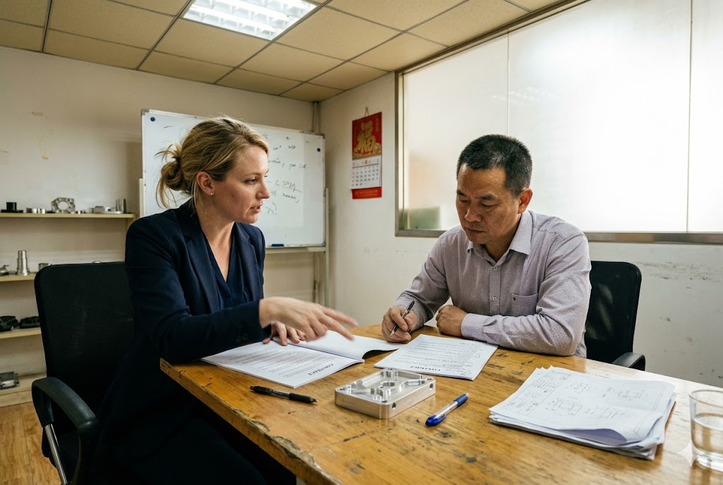 China Supplier Meeting Western buyer negotiating custom mechanical parts contract with Chinese manufacturer at factory (ID#5)