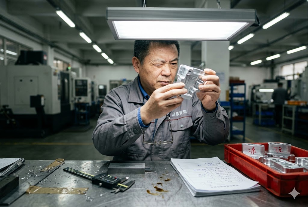 Precision Parts Quality Inspection Quality control inspector examining precision custom mechanical part in Chinese factory (ID#5)