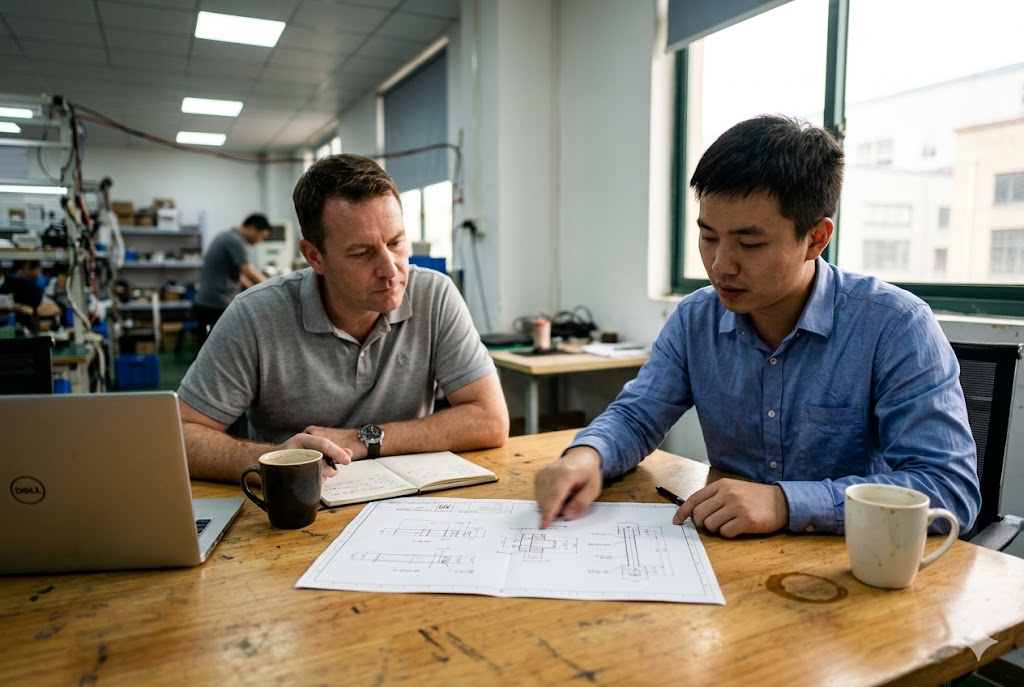 Supplier Engineering Consultation US buyer and Chinese engineer discussing custom mechanical part drawings together (ID#5)