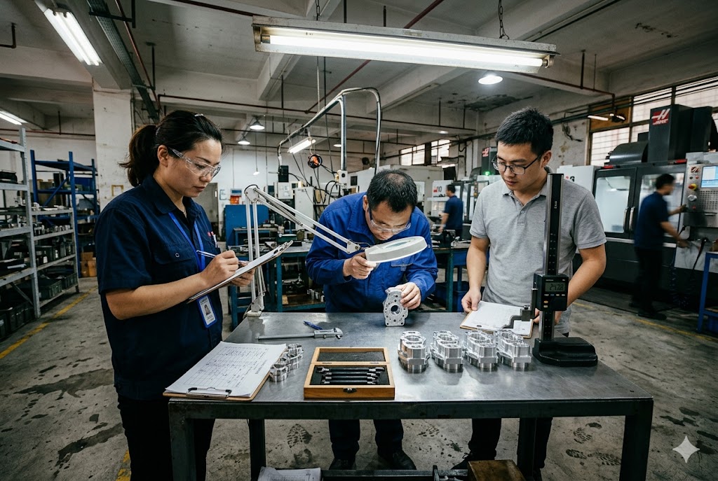 Factory Quality Inspection Team Three quality inspectors examining custom CNC machined parts with magnifier in factory (ID#5)