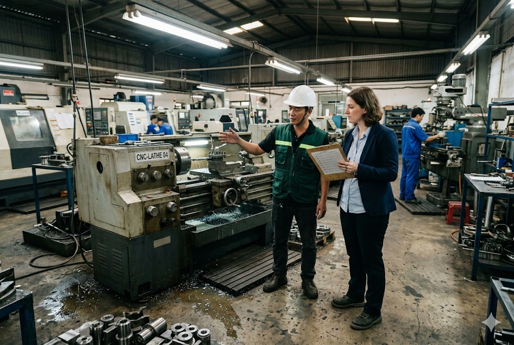 Vietnam Factory Audit Factory audit of CNC lathe by purchasing manager and engineer in Vietnam workshop (ID#5)