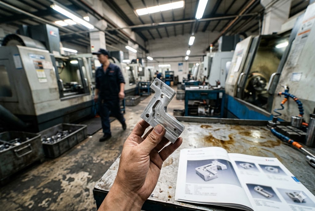 CNC Parts Factory Worker holding precision CNC-machined aluminum part in custom mechanical parts factory (ID#5)