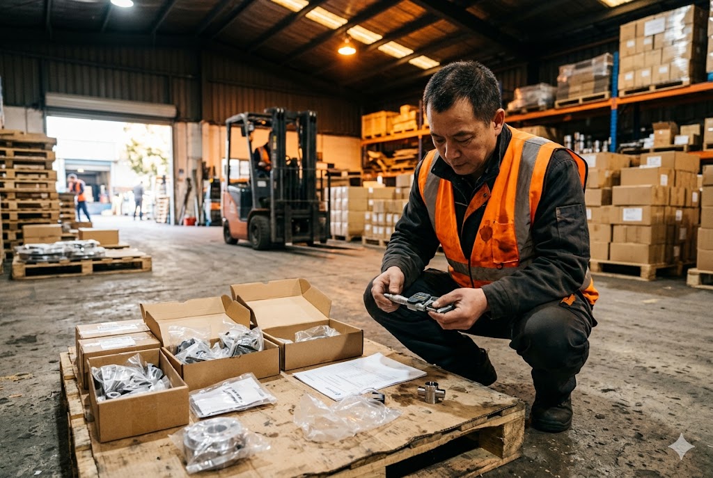Pre-Shipment Parts Inspection Warehouse inspector examining custom mechanical parts before export shipment to USA (ID#5)