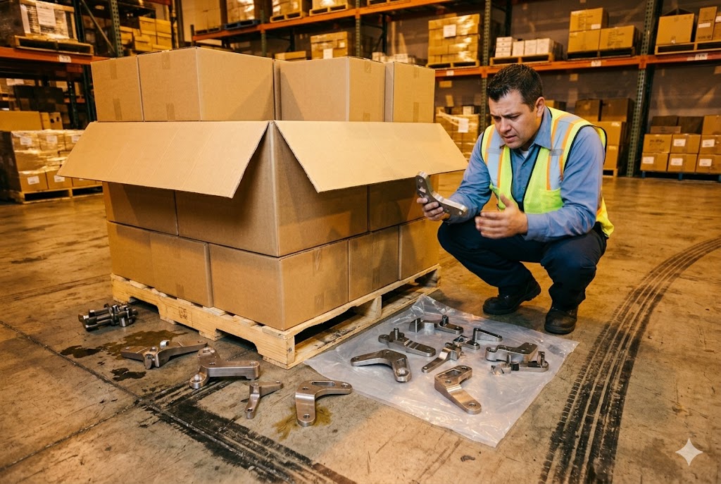 Parts Shipment Inspection Warehouse inspector examining custom mechanical parts after international shipment delivery (ID#5)