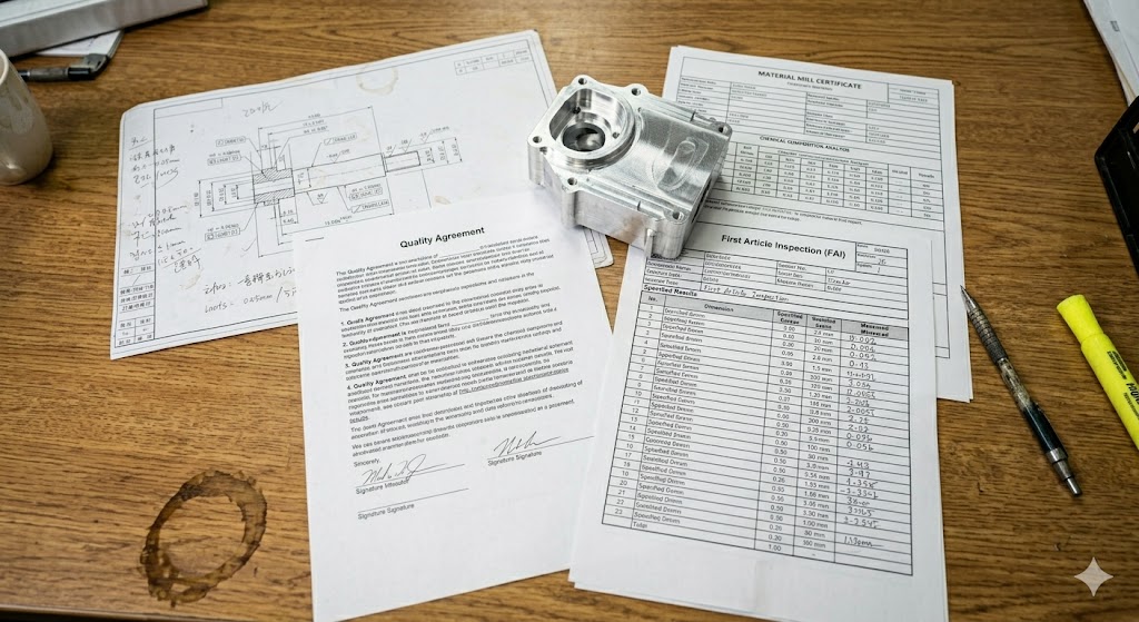 Quality Docs & Parts Custom machined aluminum part with FAI report, quality agreement, and material certificate (ID#5)