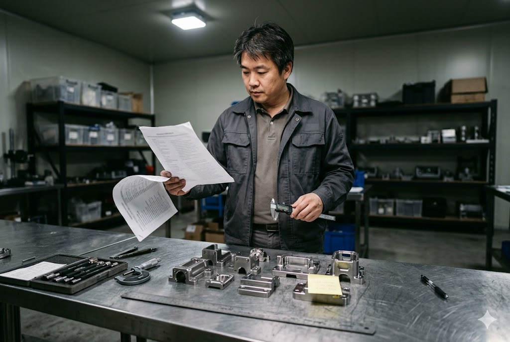 Custom CNC Parts Inspection Engineer reviewing specs with caliper beside custom CNC machined parts (ID#5)