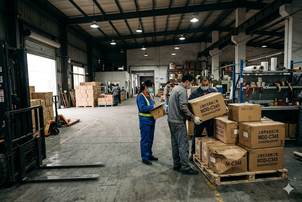 CNC Parts Quality Review Warehouse team verifying Shanghai export boxes of custom mechanical parts pre-shipment (ID#5)