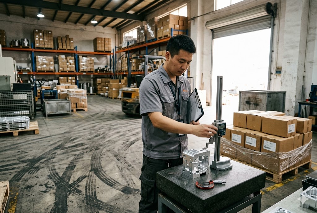 Pre-Shipment Parts Inspection Pre-shipment inspector measuring custom aluminum mechanical part in warehouse (ID#5)