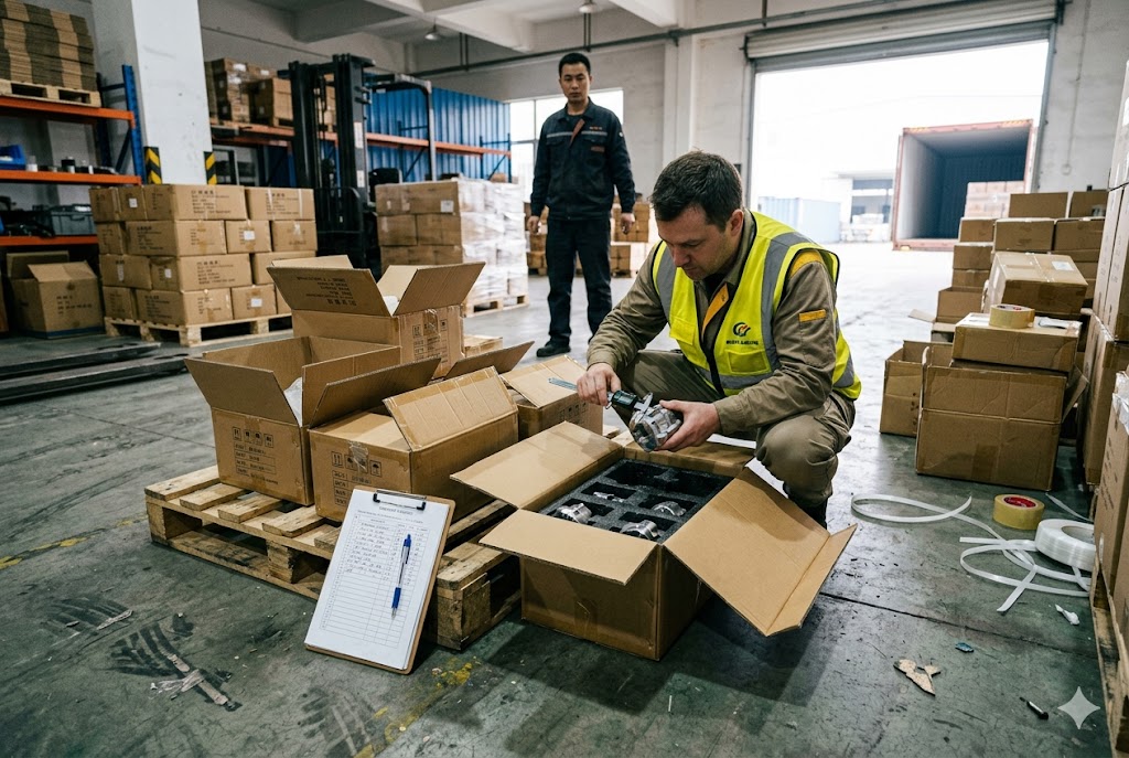 Pre-Shipment Parts Inspection Pre-shipment inspector examining custom mechanical parts in export warehouse (ID#5)