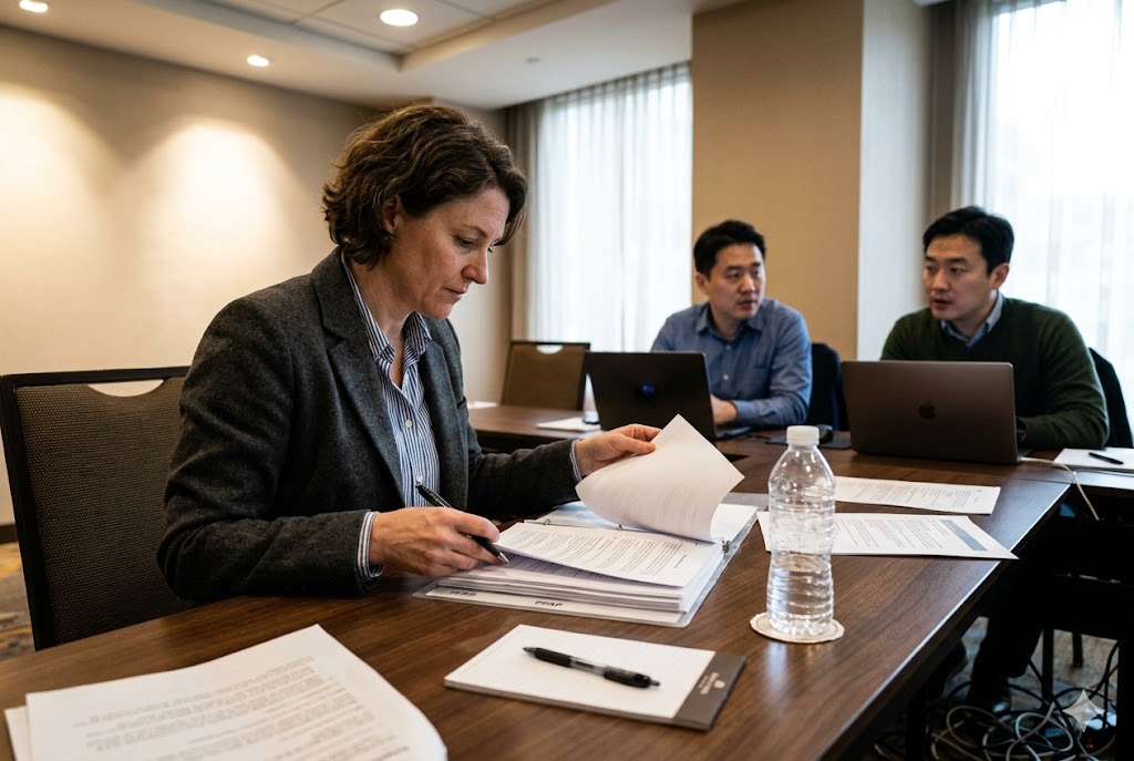 B2B Supplier Contract Review US purchasing manager reviewing contract with Chinese suppliers at B2B meeting (ID#5)