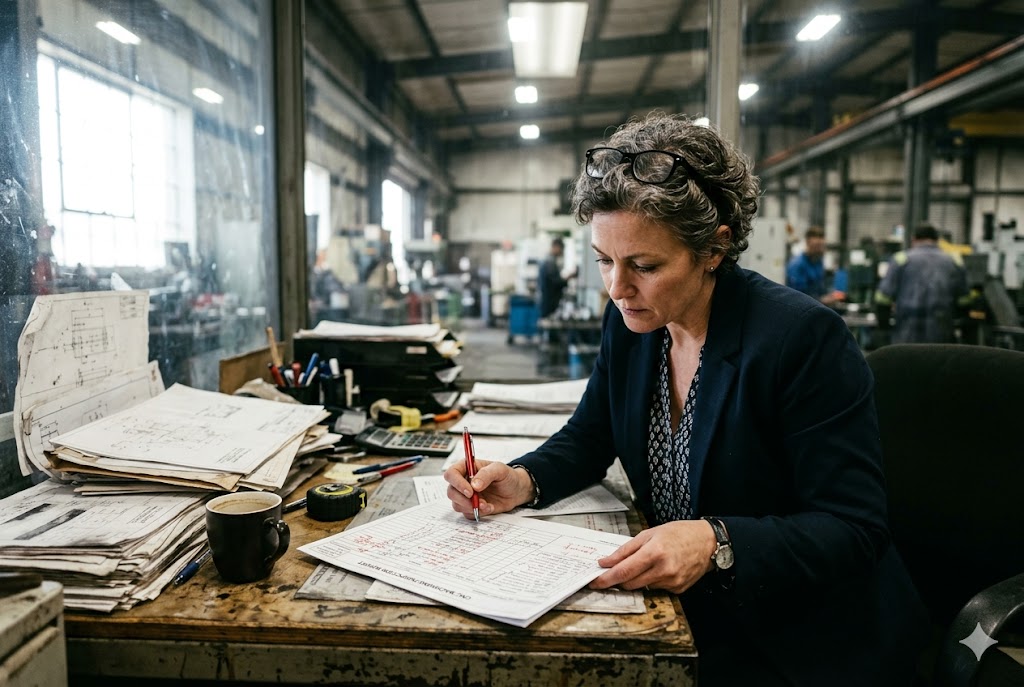 Purchasing manager reviewing custom mechanical parts drawings at factory desk (ID#1)