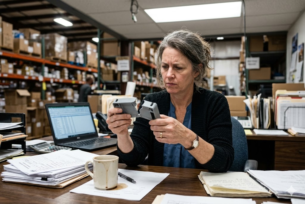 Purchasing manager inspecting custom mechanical part in warehouse office (ID#1)