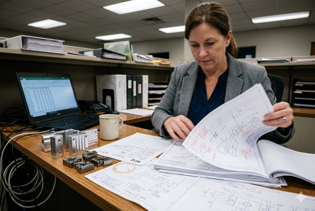 Purchasing manager reviewing custom mechanical parts drawings and RFQ documents (ID#1)
