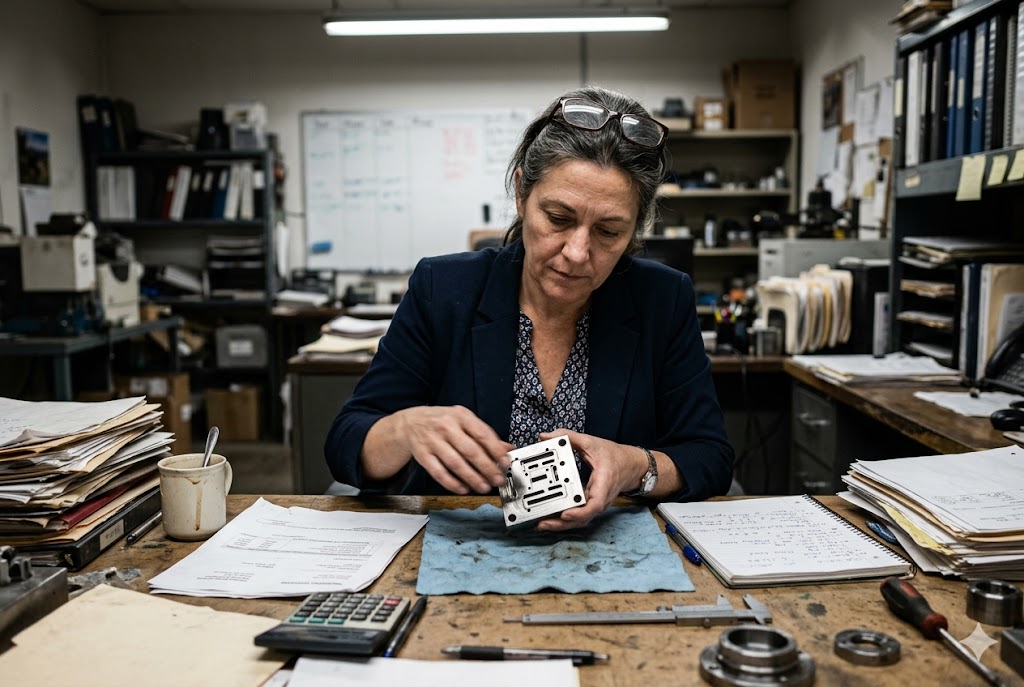 Purchasing manager inspecting custom mechanical part at workshop desk (ID#1)
