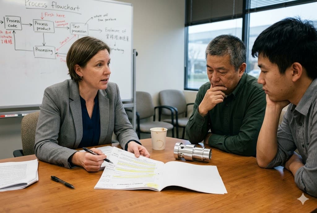 Purchasing manager reviewing custom mechanical parts specs with Chinese suppliers (ID#1)