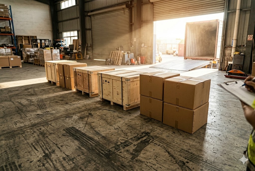 Warehouse worker inspecting export boxes ready for container loading (ID#1)