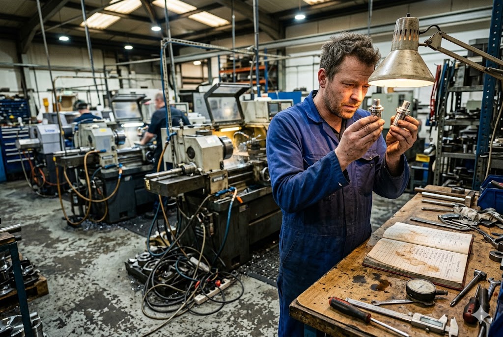 Quality inspector examining custom machined mechanical parts in factory workshop (ID#1)