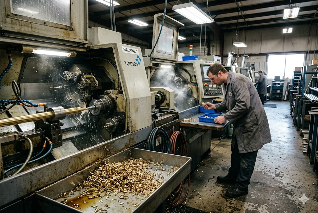 Technician operating CNC lathe machine producing custom brass parts (ID#1)