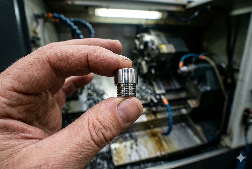 Machinist holding precision CNC-turned threaded metal part in factory (ID#1)