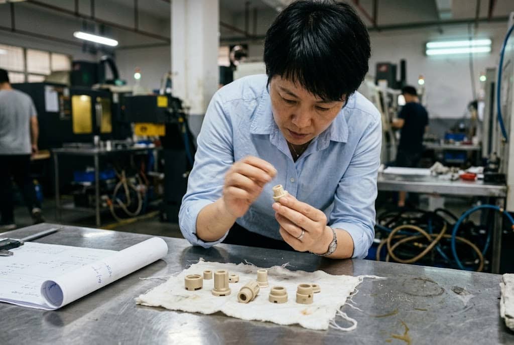 Quality inspector examining custom mechanical parts at China factory (ID#1)