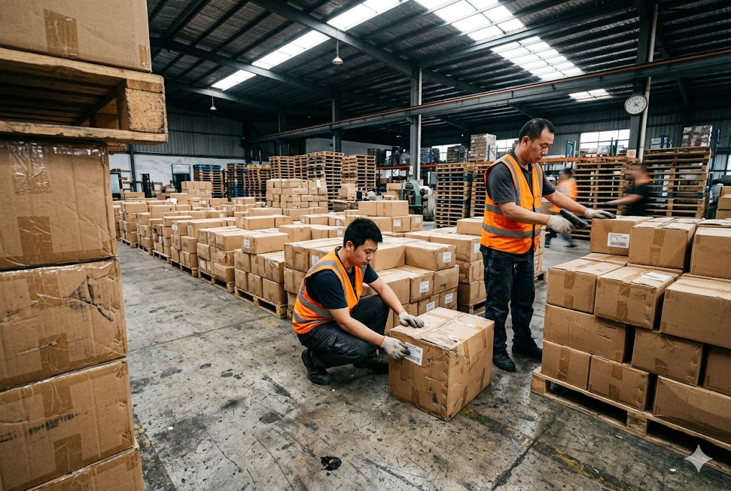 Warehouse workers in safety vests sorting export boxes for shipment (ID#1)