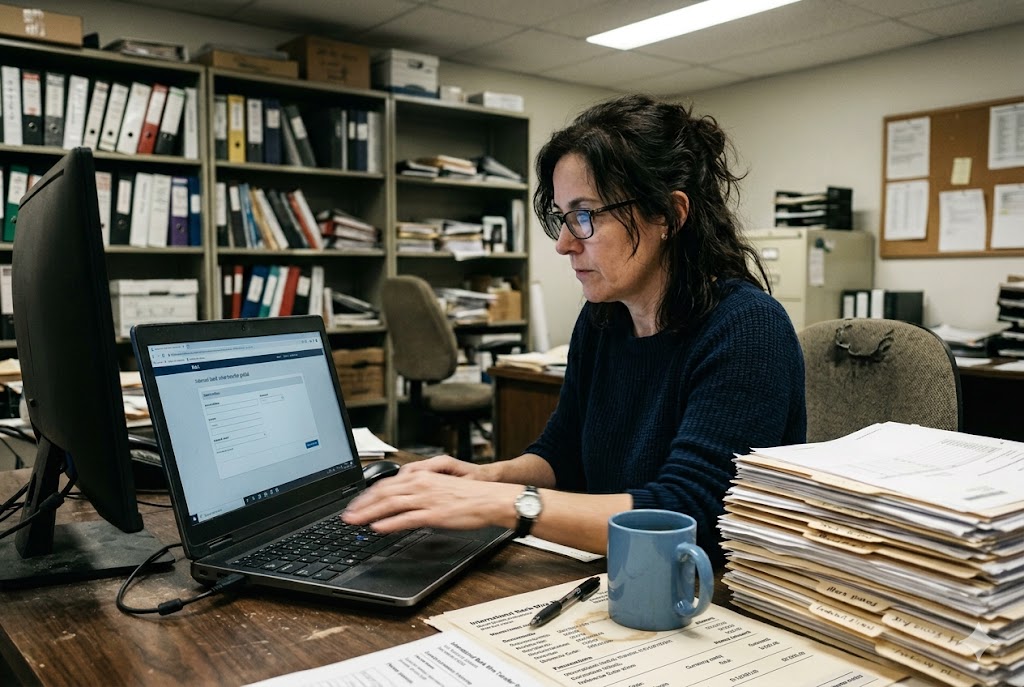 Purchasing manager sourcing custom mechanical parts online at busy desk (ID#1)