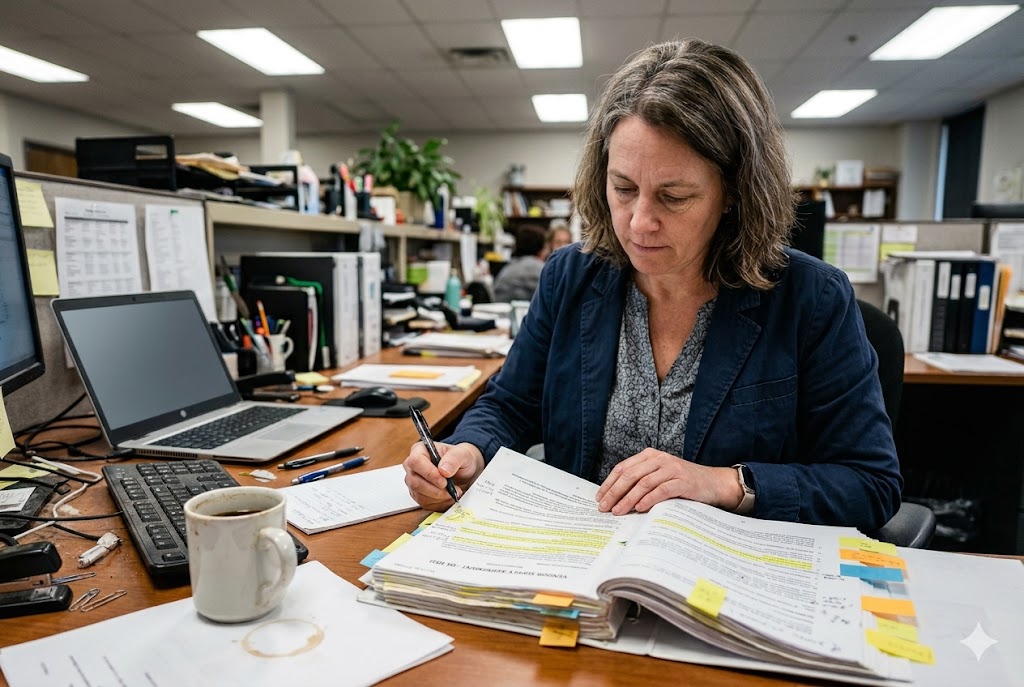 Purchasing manager reviewing custom mechanical parts specifications at office desk (ID#1)