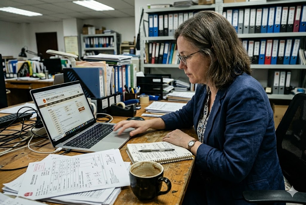 Purchasing manager reviewing custom mechanical parts supplier data at desk (ID#1)