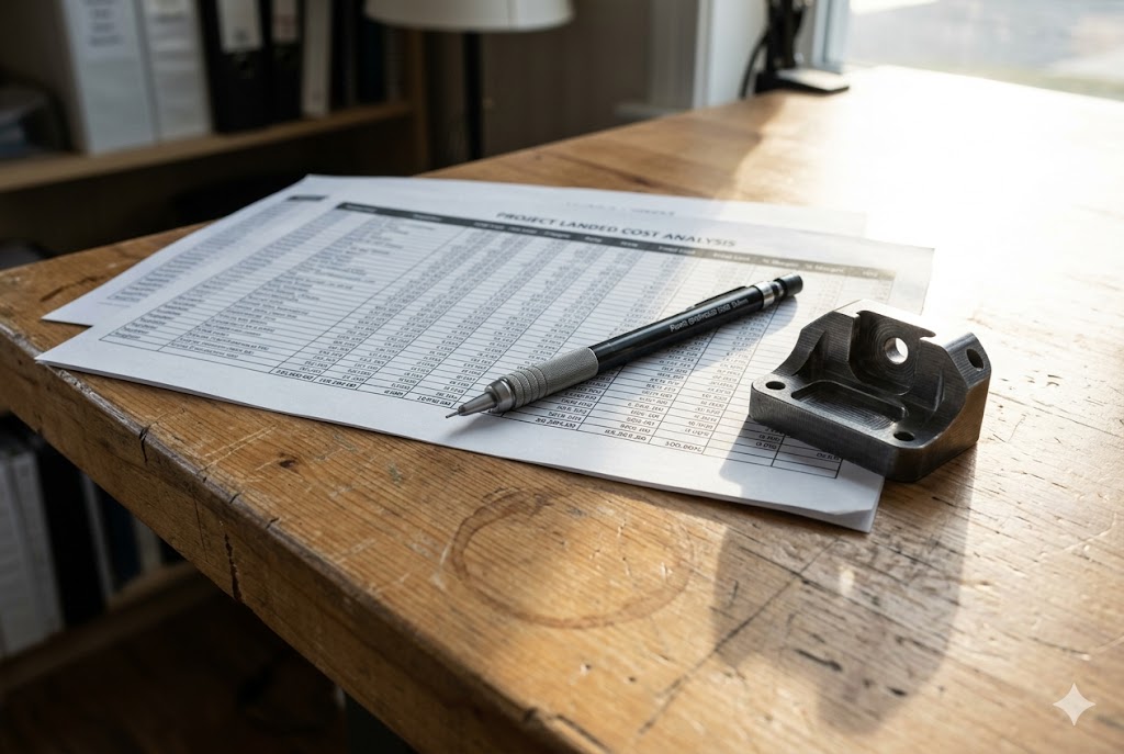 Project landed cost analysis sheet with custom mechanical part on desk (ID#1)