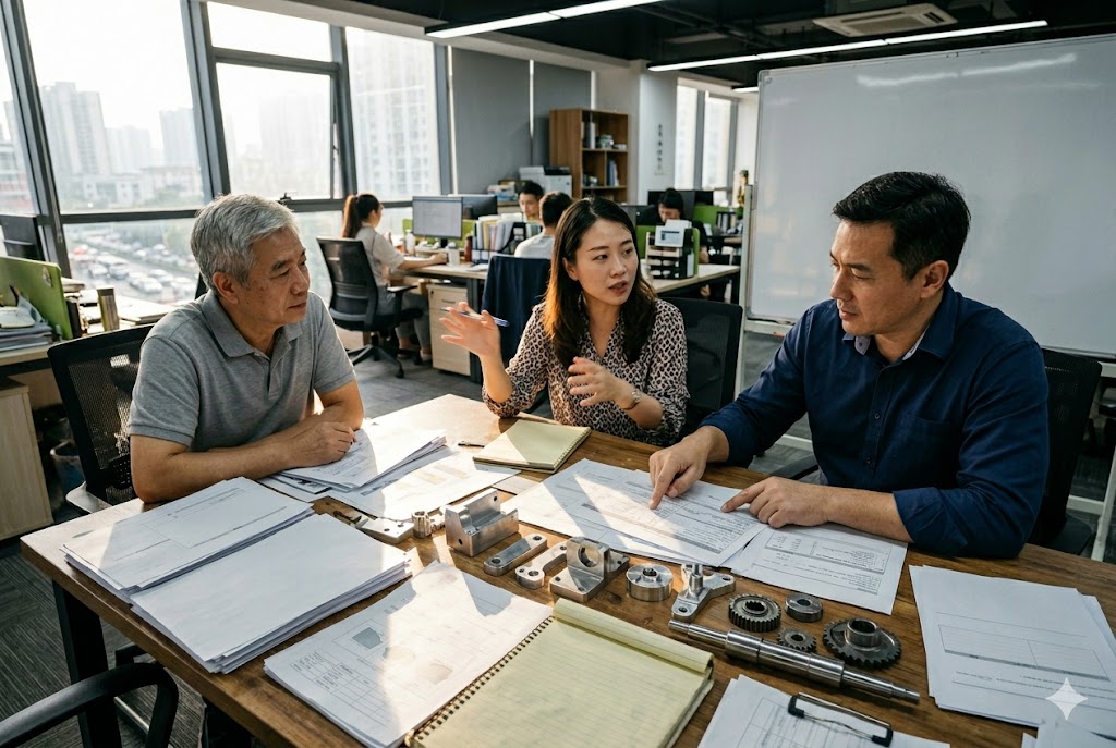 Luckym team reviewing custom mechanical parts and drawings in office (ID#1)