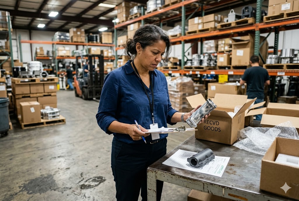Purchasing manager inspecting custom mechanical parts in warehouse (ID#1)
