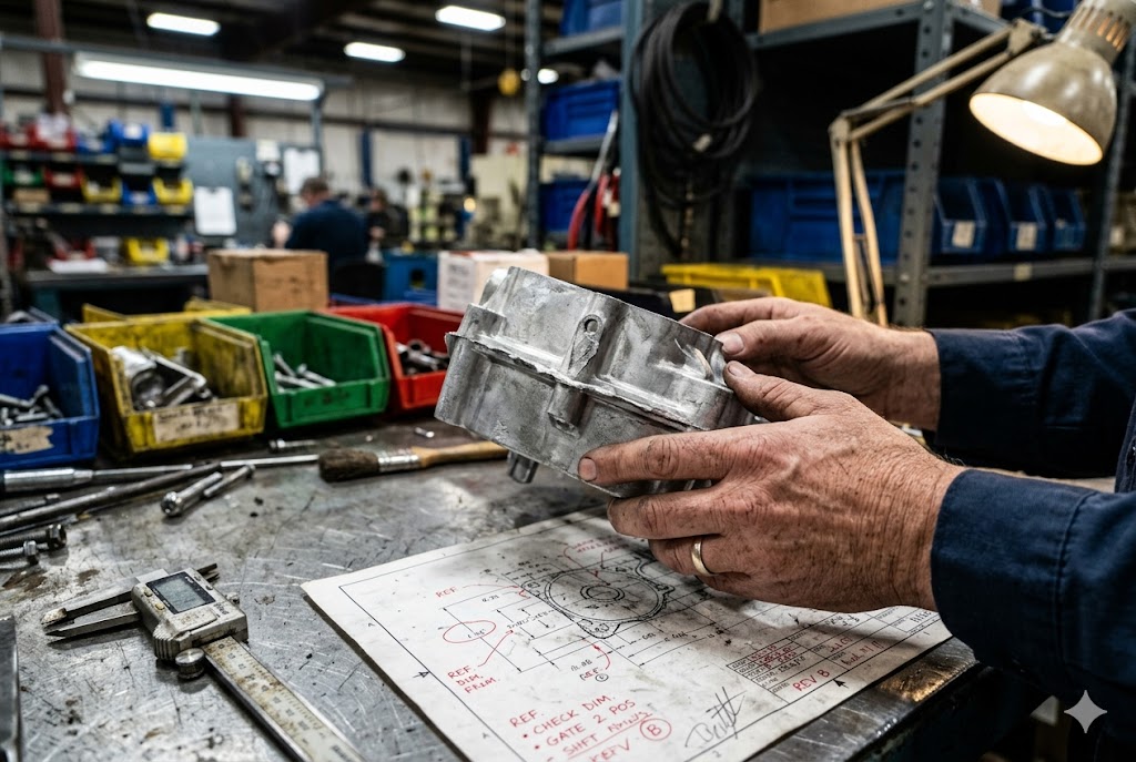 Technician inspecting custom cast metal part against engineering drawing in workshop (ID#1)